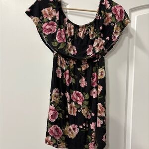 Floral Black blouse with Pink and Green Accents